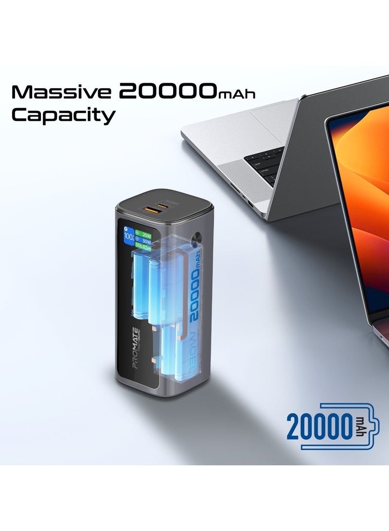 بروميت باور بانك 20.000 مللي أمبير/ساعة، شاحن محمول 130W مع منفذ USB-C 100W واط، كابل USB-C 100W قابل للسحب، منفذ QC 3.0 /30W، حامل جوال مدمج، شاشة رقمية 20000 mAh - Image 2