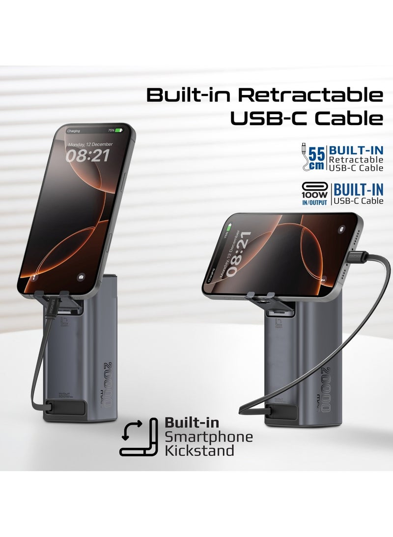 بروميت باور بانك 20.000 مللي أمبير/ساعة، شاحن محمول 130W مع منفذ USB-C 100W واط، كابل USB-C 100W قابل للسحب، منفذ QC 3.0 /30W، حامل جوال مدمج، شاشة رقمية 20000 mAh - Image 4