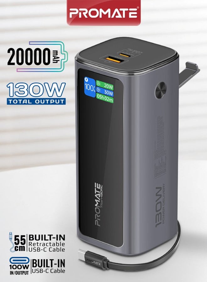 20.000mAh Power Bank, 130W Portable Charger with PD100W USB-C Port, Retractable PD100W USB-C Cable, 30W QC 3.0 Port, Built-in Mobile Stand, Digital Display, Universal Compatibility, Titan-130RC Black