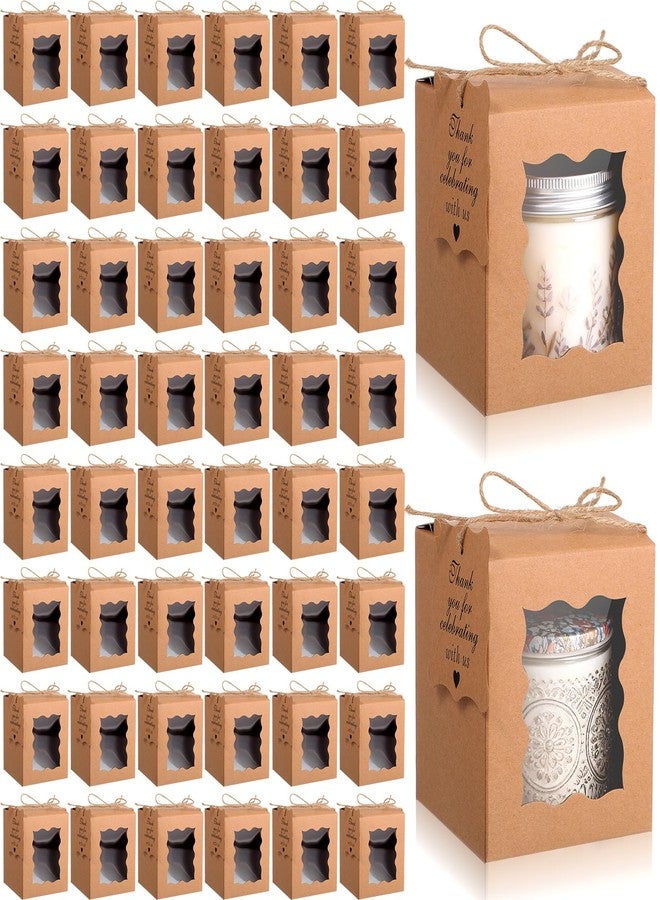 Lemecima 50 Set Candle Gift Box with Clear Window - Brown Candle Boxes Packaging for 4-10 oz Candles, Includes Thank You Tags & Rope for Christmas Wedding Birthday Party Favors, 3.35x3.35x3.94 Inches - Image 1