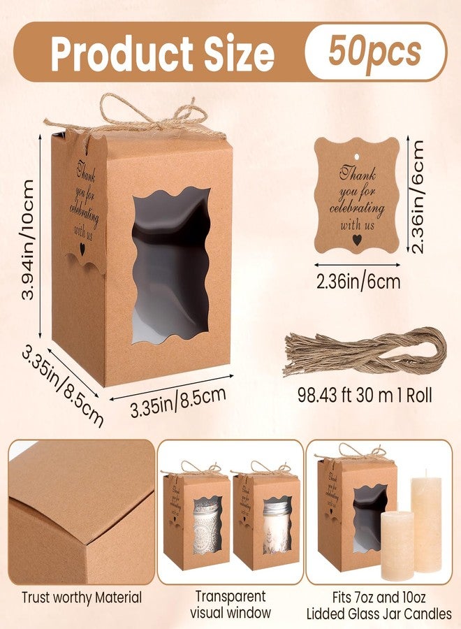 Lemecima 50 Set Candle Gift Box with Clear Window - Brown Candle Boxes Packaging for 4-10 oz Candles, Includes Thank You Tags & Rope for Christmas Wedding Birthday Party Favors, 3.35x3.35x3.94 Inches - Image 2