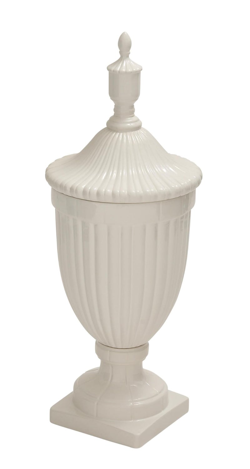 Deco 79 جرار ديكو 79 الخزفية للغرفة المعيشية، وعاء مزخرف طويل مزخرف مع غطاء، جرة مع غطاء 10 × 10 × 26 أبيض