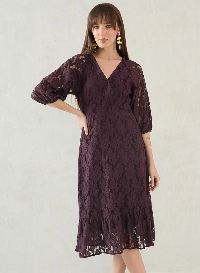 Femmella Femmella Purple Lace Wrap Front Midi Dress