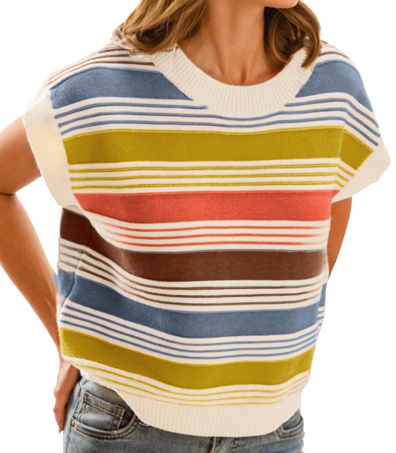 FireSwan Womens Cap Sleeve Sweater Vest Striped Color Block Loose Tank Tops Trendy Vacation Outfits Cute Summer Spring Top Yellow - Image 1