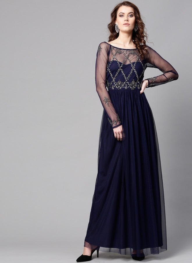 STREET 9 Navy Blue Embellished Maxi Dress for Women - Image 4