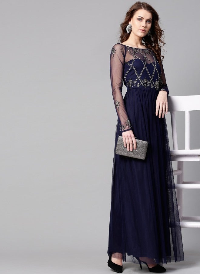 STREET 9 Navy Blue Embellished Maxi Dress for Women - Image 2