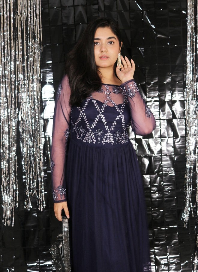 STREET 9 Navy Blue Embellished Maxi Dress for Women - Image 1