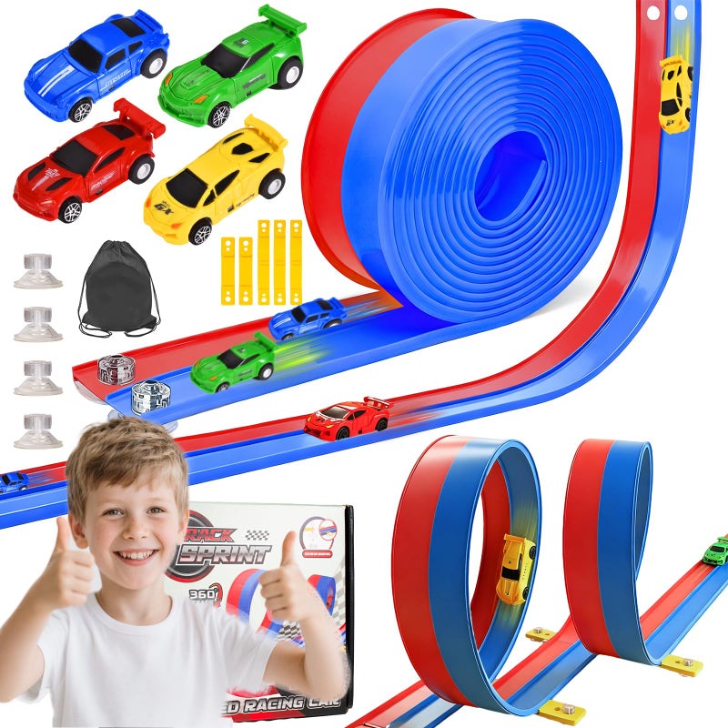 HTPREC 20ft Flexible Race Track for Kids with 4 PullBack Cars Portable Storage Bag4pcs Strong Suction Cups5pcs Track Stabilizersfor 164 CarsRoll Up Slot Car Race Track with Loops - Image 3