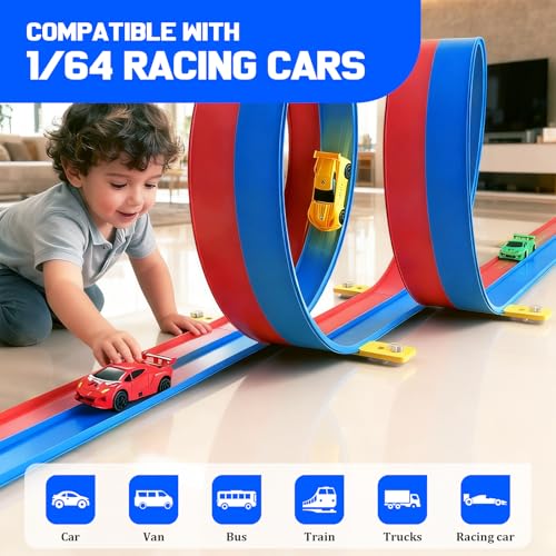 HTPREC 20ft Flexible Race Track for Kids with 4 PullBack Cars Portable Storage Bag4pcs Strong Suction Cups5pcs Track Stabilizersfor 164 CarsRoll Up Slot Car Race Track with Loops - Image 5