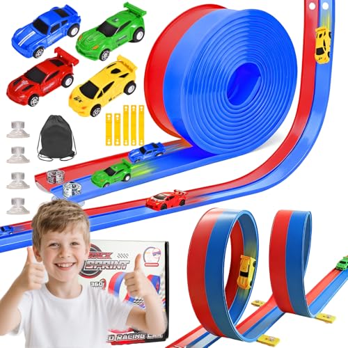 HTPREC 20ft Flexible Race Track for Kids with 4 PullBack Cars Portable Storage Bag4pcs Strong Suction Cups5pcs Track Stabilizersfor 164 CarsRoll Up Slot Car Race Track with Loops - Image 1