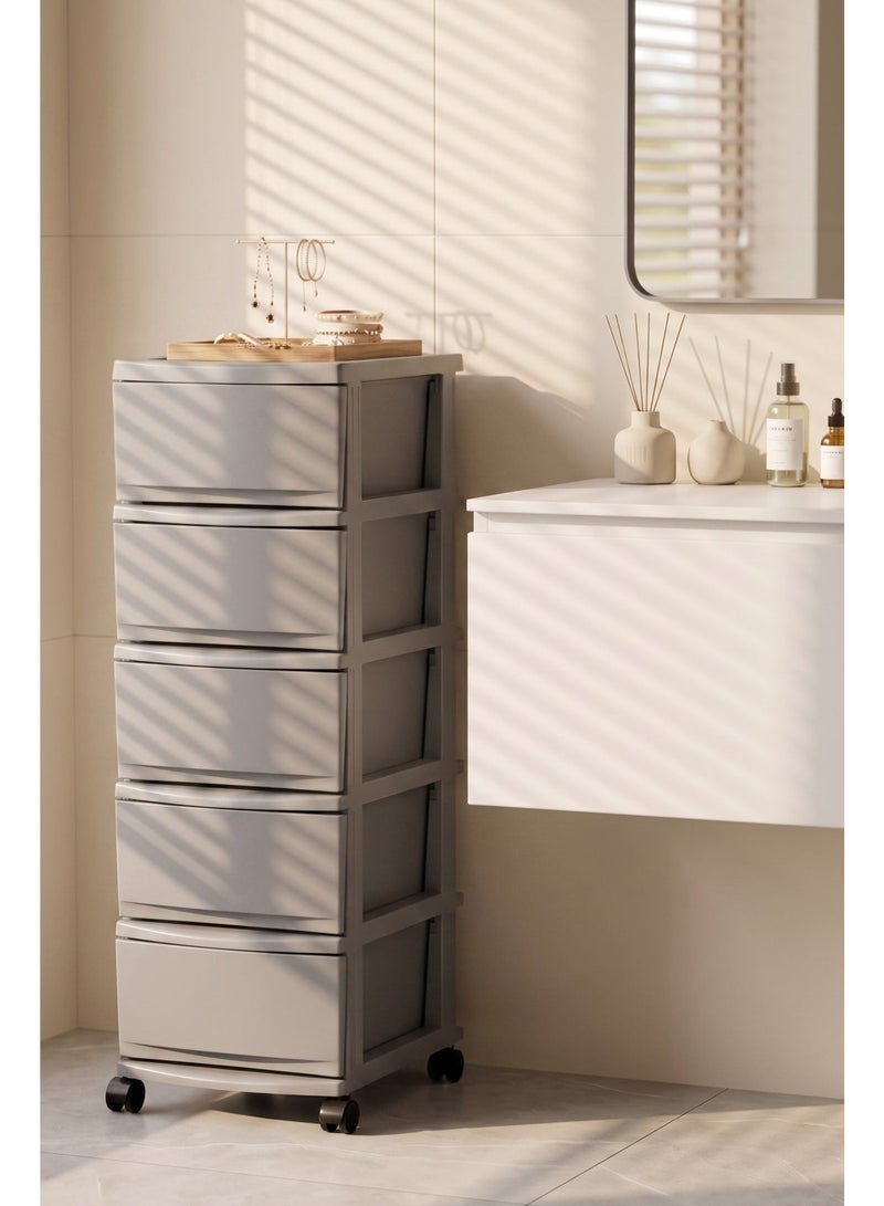Marcolo 5-Layer Plastic Storage Drawer Cabinet with Wheels – 5 Spacious Pull-Out Drawers – Multi-Purpose Organizer for Clothes, Toys, Office & Home – Grey - Image 1