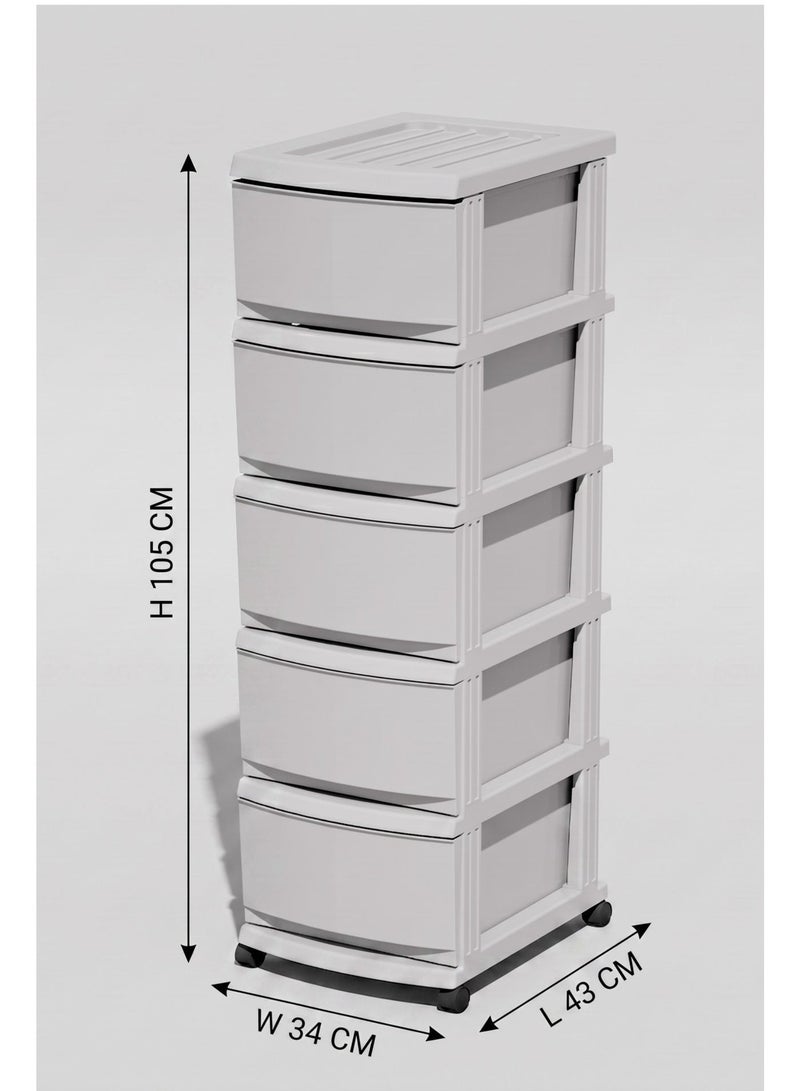 Marcolo 5-Layer Plastic Storage Drawer Cabinet with Wheels – 5 Spacious Pull-Out Drawers – Multi-Purpose Organizer for Clothes, Toys, Office & Home – Grey - Image 3