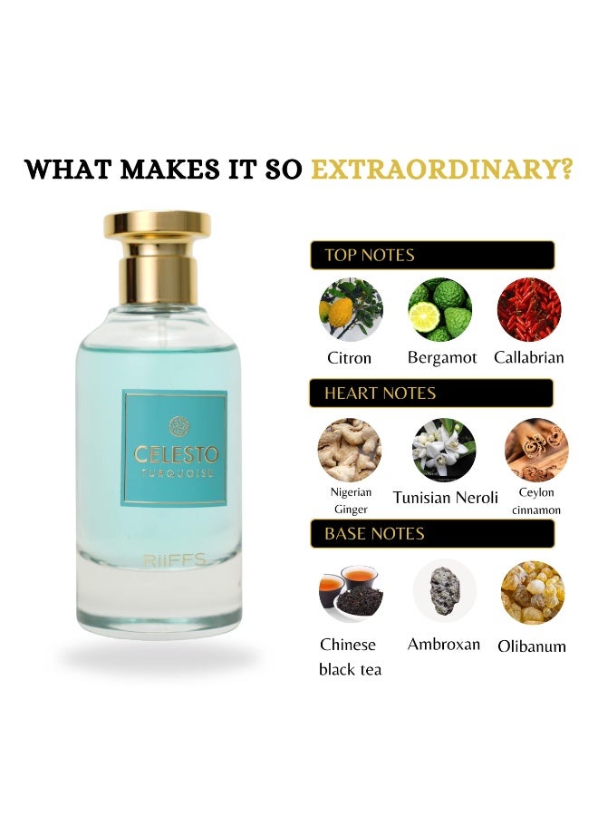 RiiFFS Celesto Turquoise Eau de Parfum for Men, 100ml, Long-Lasting Signature Scent, Crafted with Precision & Passion, Premium Notes, Suitable for Every Occasion - Image 3