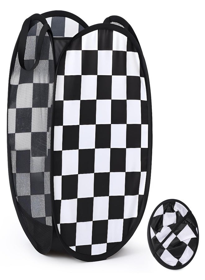 Remerry Collapsible Laundry Basket Hamper 22 x 14 Inches Foldable Pop up Clothes Storage with Handles Black White Checkered for Home and Travel - Image 1