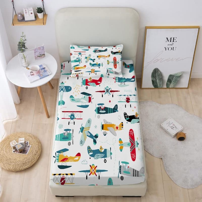 Yasida Yasida Twin Bed Sheets Kids Twin Sheets 2 Pack for Kids Fitted Sheet Bed Airplane Printed Bed Sheets for Girls or Boys Bed Fitted Sheets and Pillowcases SetNo Top Sheet