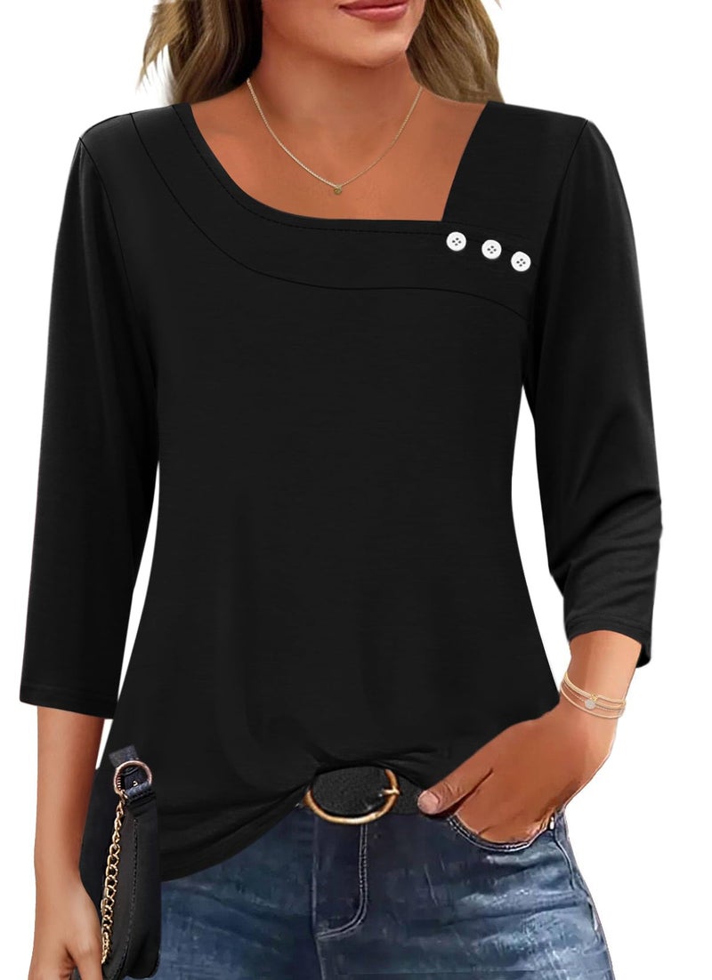 LOMON 3/4 Length Sleeve Womens Tops Square Neck Shirts Business Casual Peasant Blouses Black L - Image 1