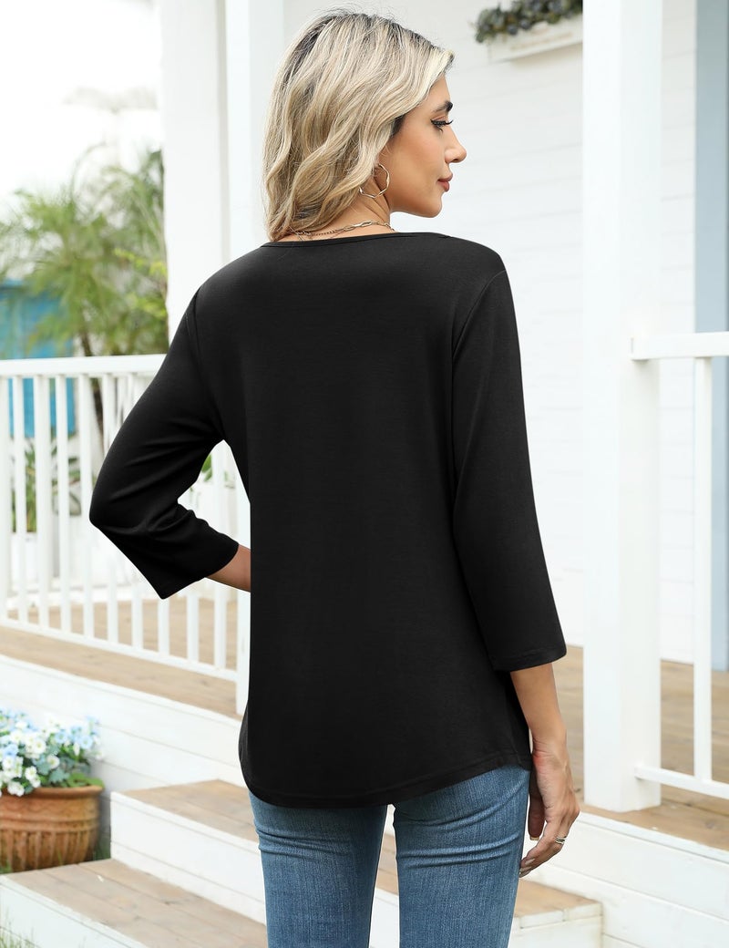 LOMON 3/4 Length Sleeve Womens Tops Square Neck Shirts Business Casual Peasant Blouses Black L - Image 5