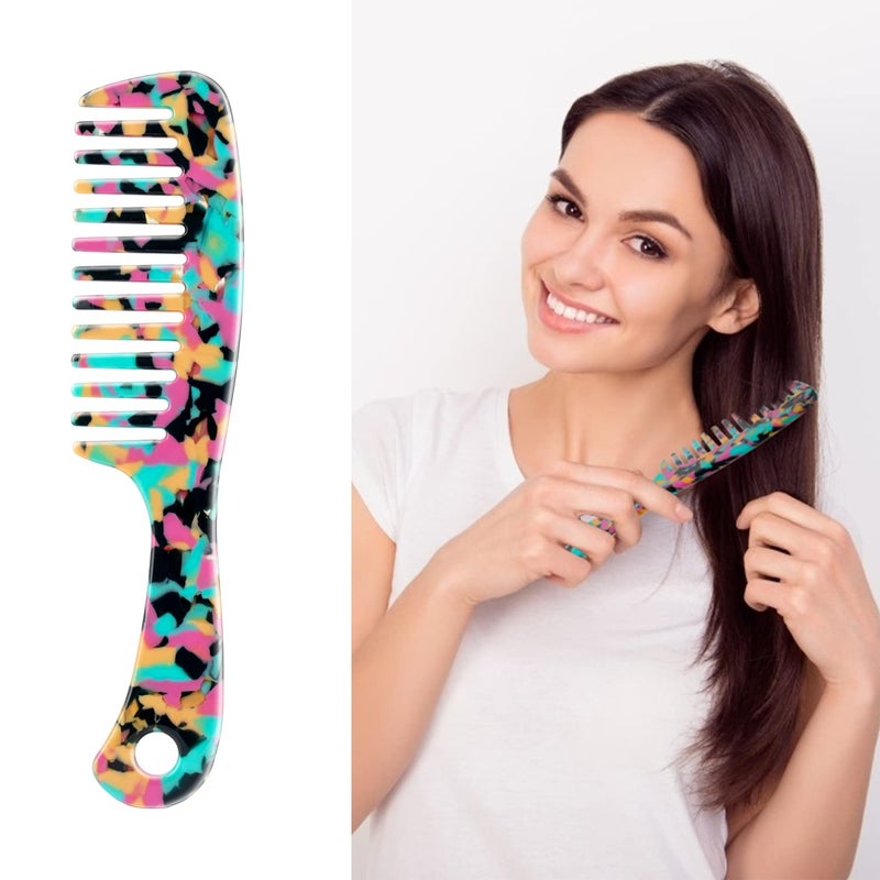 مشط شعر واسع الأسنان LADYAMZ بتصميم صدفي من أسيتات السليلوز مشط دائري للأسنان للشعر المستقيم والمجعد والشعر القصير والطويل للنساء والرجال أو الأطفال سهل فك التشابك سواء كان مبللاً أو جافاً مضاد للكهرباء الساكنة باللون الأزرق الفاتح