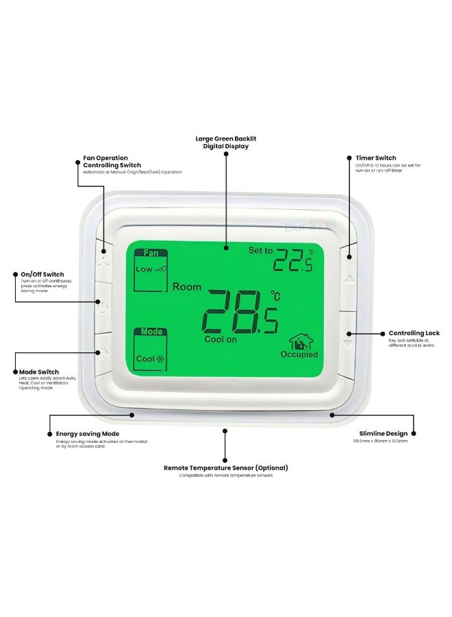 درافل منظم حرارة ديورافيل الرقمي بشاشة LCD مع إضاءة خلفية خضراء، ولوحة تحكم في درجة الحرارة، ووضع المروحة والتبريد، ومستشعر إشغال الغرفة - Image 4
