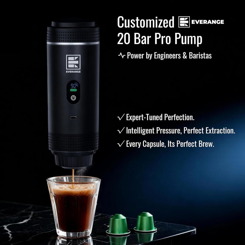 EVERANGE Portable Electric Espresso Machine, Travel Coffee Maker Brewer Compatible with Ground Coffee & NS Capsules (Black with LCD Screen) - Image 2