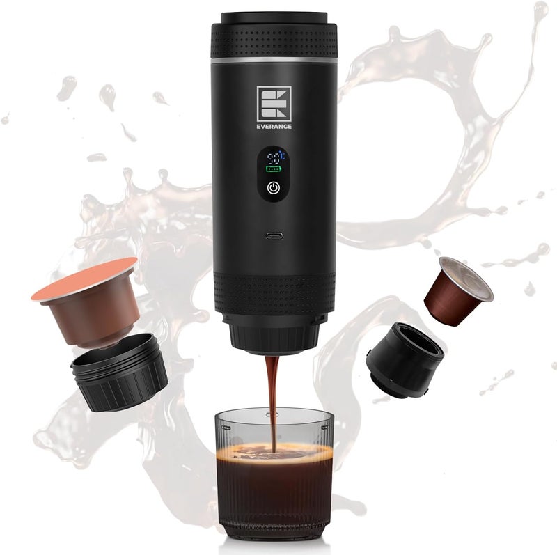 EVERANGE Portable Electric Espresso Machine, Travel Coffee Maker Brewer Compatible with Ground Coffee & NS Capsules (Black with LCD Screen) - Image 1