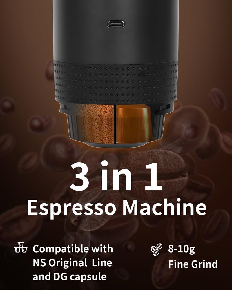 EVERANGE Portable Electric Espresso Machine, Travel Coffee Maker Brewer Compatible with Ground Coffee & NS Capsules (Black with LCD Screen) - Image 3