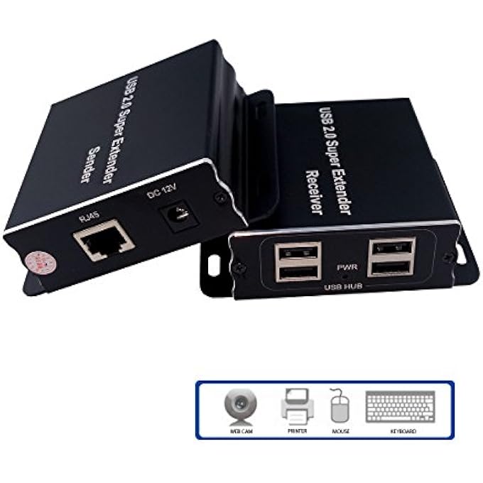 rayihni USB EXTENDER OVER CAT5E/6 CABLE UP TO 196FT,USB OVER CAT5E/6 WITH 4 USB 2.0 PORTS,PLUG AND PLAY,NO DRIVER NEEDED SUPPORT ALL OPERATING SYSTEM,TWO WEB CAMERAS WORK SYNCHRONOUSLY - Image 1