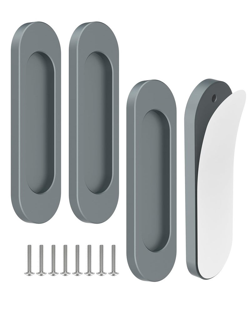 MeBantoo 4 Pack SelfStick Door Handles 4 Inch Aluminum Alloy Self Adhesive Flat Finger Pulls No Drill Cabinet Knobs for Drawer Sliding GlassBarnClosetBalcony Doors 4 Grey - Image 2