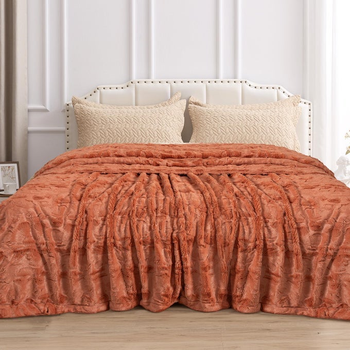 FAUX FUR LUXURY THROW BLANKETDOUBLE SIDE SOFT FLUFFY SHAGGY FUZZY BLANKET FOR COUCH SOFA BED CARNELIAN XLARGE TWIN SIZE