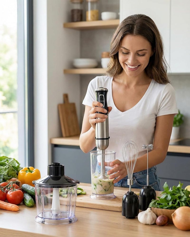 ALLESM Immersion Blender 1500W Hand Blender Set, 5-in-1 Stick Blender with 800ml Chopper Bowl & 600ml Juice Cup,2-Speed,Whisk & Milk Frother, Detachable Stainless Steel for Soup, Smoothies,Baby Food, Sauces - Image 1