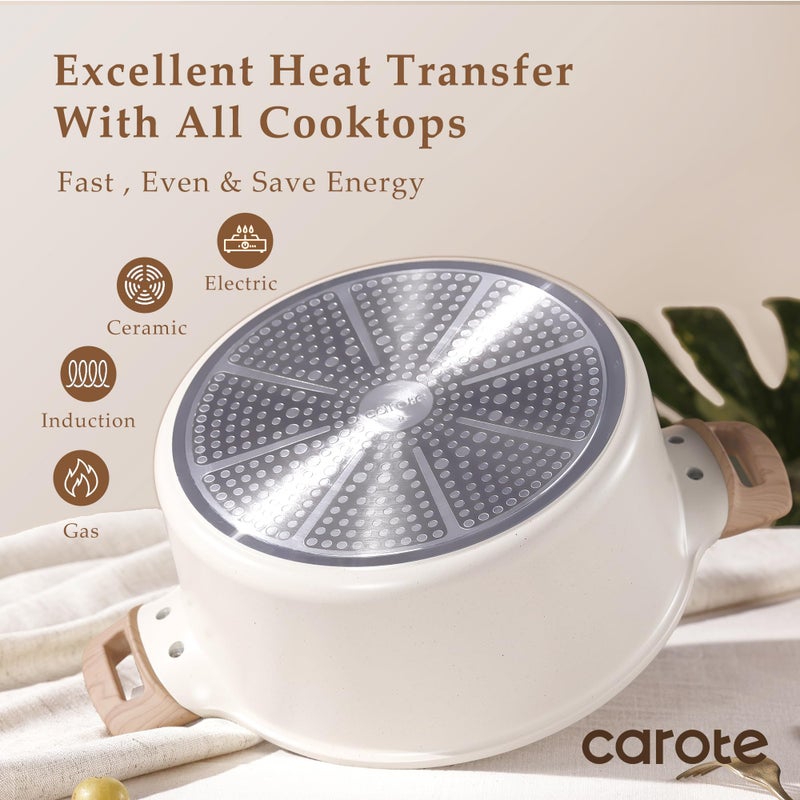 CAROTE وعاء طهي كاروت 6 لتر غير لاصق مع غطاء، وعاء حساء، كسرولة 6 لتر مع غطاء، سهل التنظيف، وعاء طهي غير لاصق، خالي من PFOA، جرانيت أبيض - Image 3