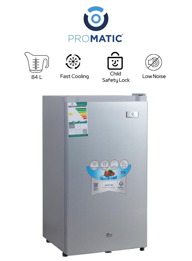 بروماتيك ثلاجة بروماتيك 3 قدم سعة 84 لتر لون سلفر موديل NDR-90L — تبريد ثابت واقتصادي، حجم مثالي للغرف والمكاتب، تصميم أنيق بمساحة تخزين عملية - Image 1
