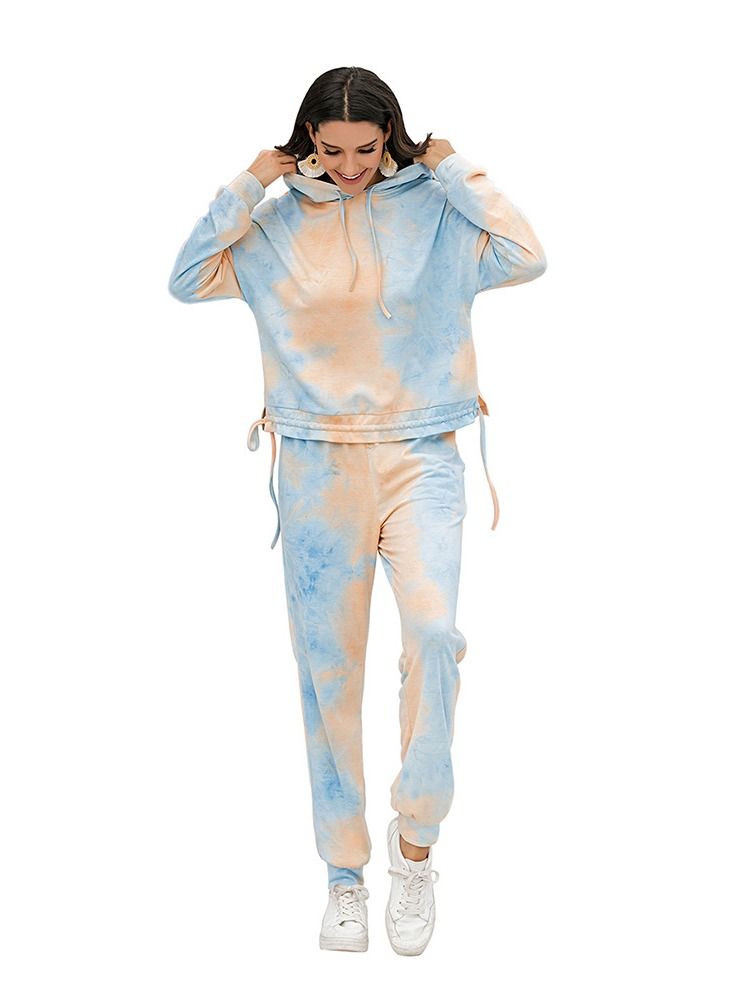 Loquat Drawstring Hooded Tie Dyed Casual Sports Set