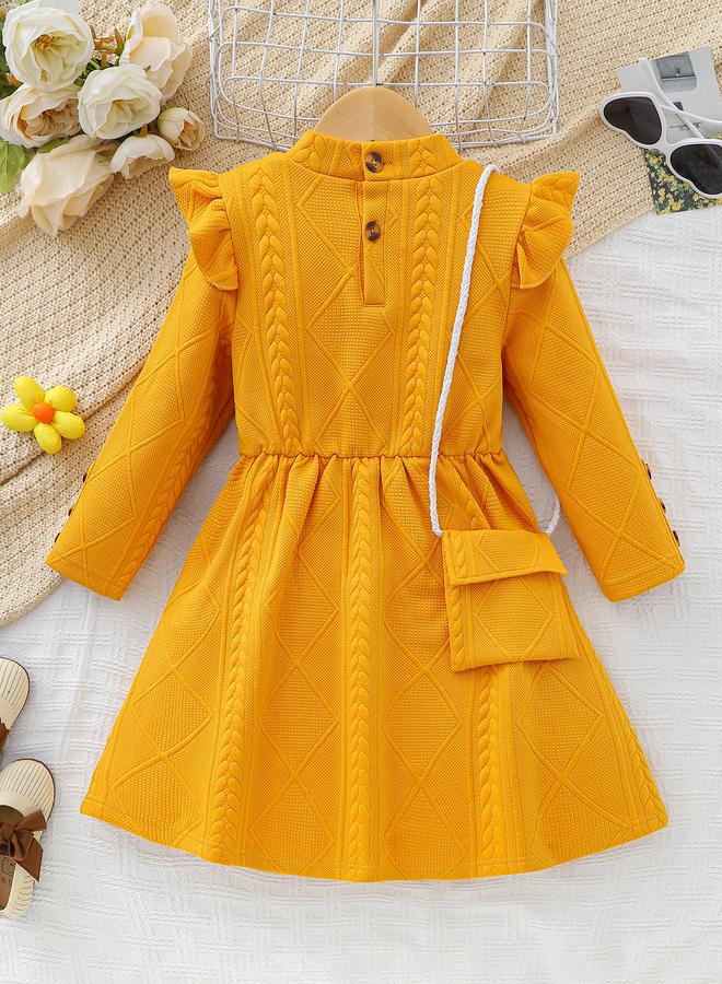 Take Two Mustard Textured Bow Decor Dress and Sling Bag Set - Image 2