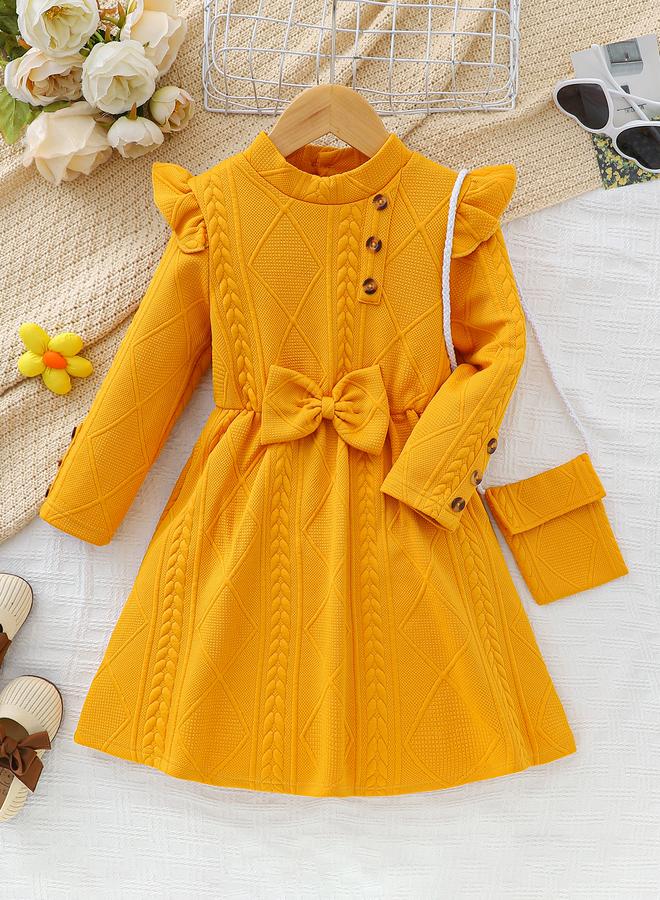 Take Two Mustard Textured Bow Decor Dress and Sling Bag Set - Image 1
