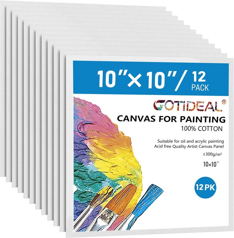 GOTIDEAL Canvases for Painting, 10x10 inch of 12 Pack, Professional Primed White Blank Flat Canvas Panels- 100% Cotton Artist Canvas Boards for Acrylics Painting, Oil Watercolor Tempera - Image 1