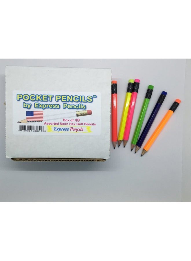 Express Pencils نصف مع ممحاة - جولف، فصل دراسي، مقعد، قصير، ميني - سداسي، مشحذ، غير سام، 2 قلم رصاص، لون - مجموعة نيون، (علبة من 48) جيب جولف - Image 5