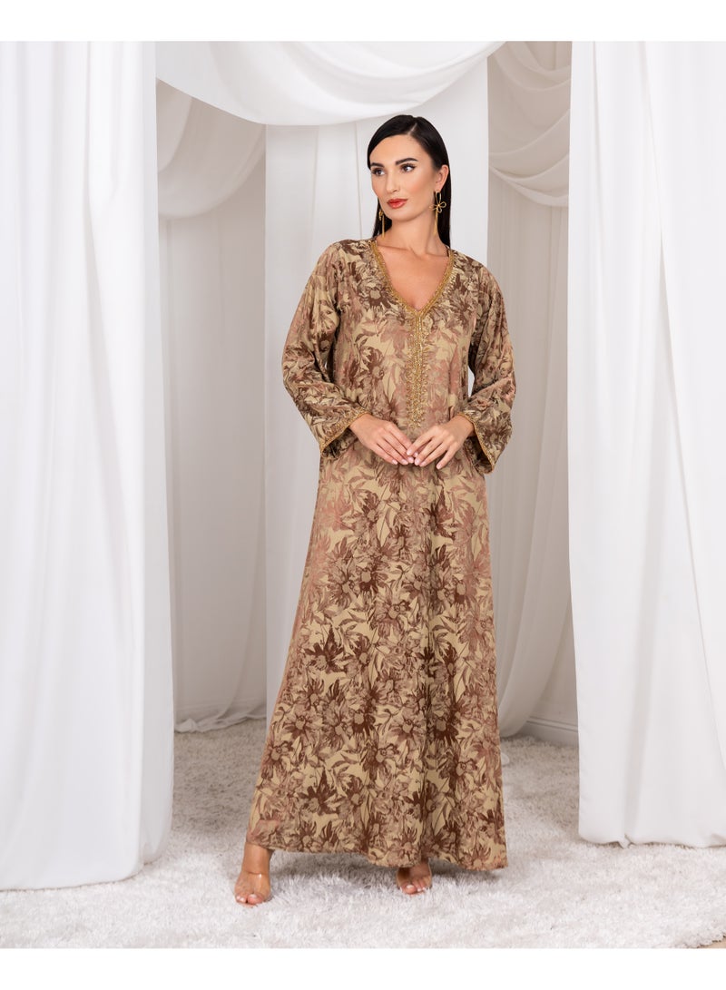 Royal Vision Floral Print Jalabiya with Gold Embroidered V-Neck – Beige & Brown - Image 1