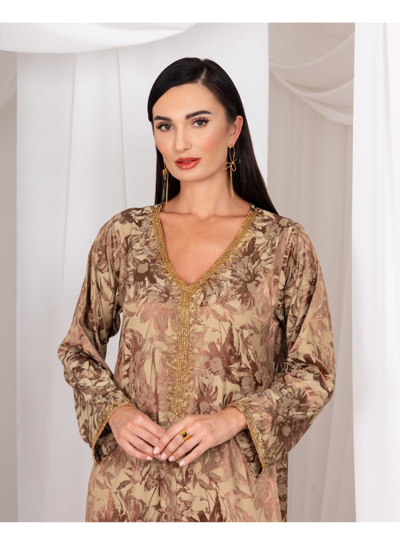 Royal Vision Floral Print Jalabiya with Gold Embroidered V-Neck – Beige & Brown - Image 2