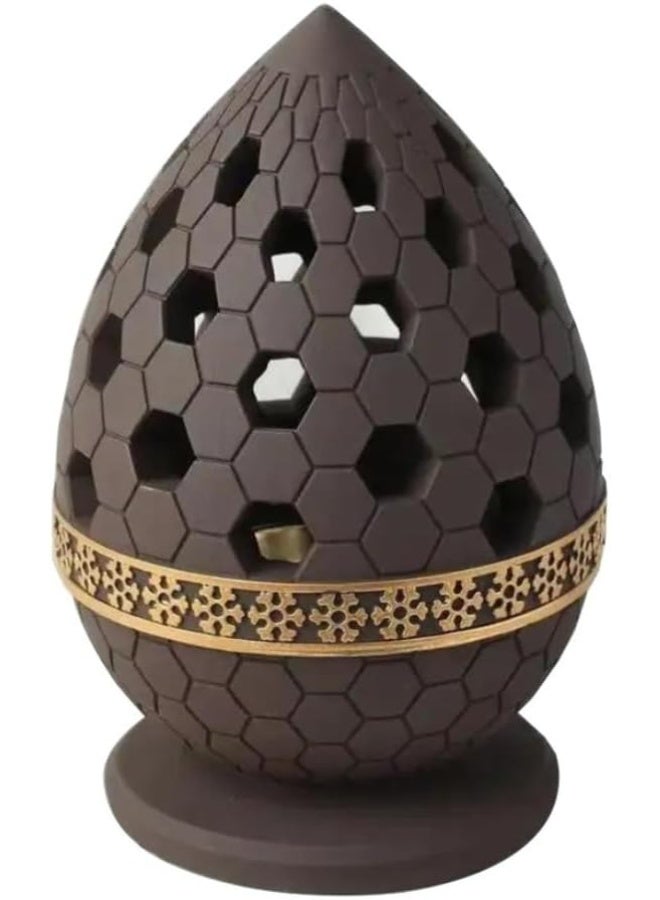 Daroge Ceramic Incense Burner - Golden Metal Tray Inside - Dome Style Oud Burn Stand Used for Indoor Air Purification/Home Decoration/Meditation - Chocolate - Image 1