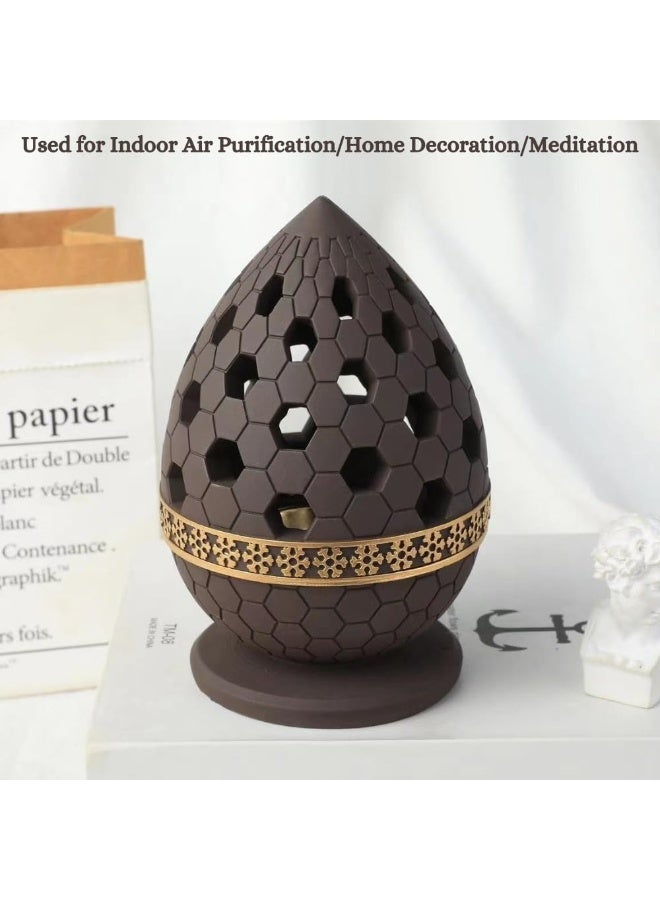 Daroge Ceramic Incense Burner - Golden Metal Tray Inside - Dome Style Oud Burn Stand Used for Indoor Air Purification/Home Decoration/Meditation - Chocolate - Image 3