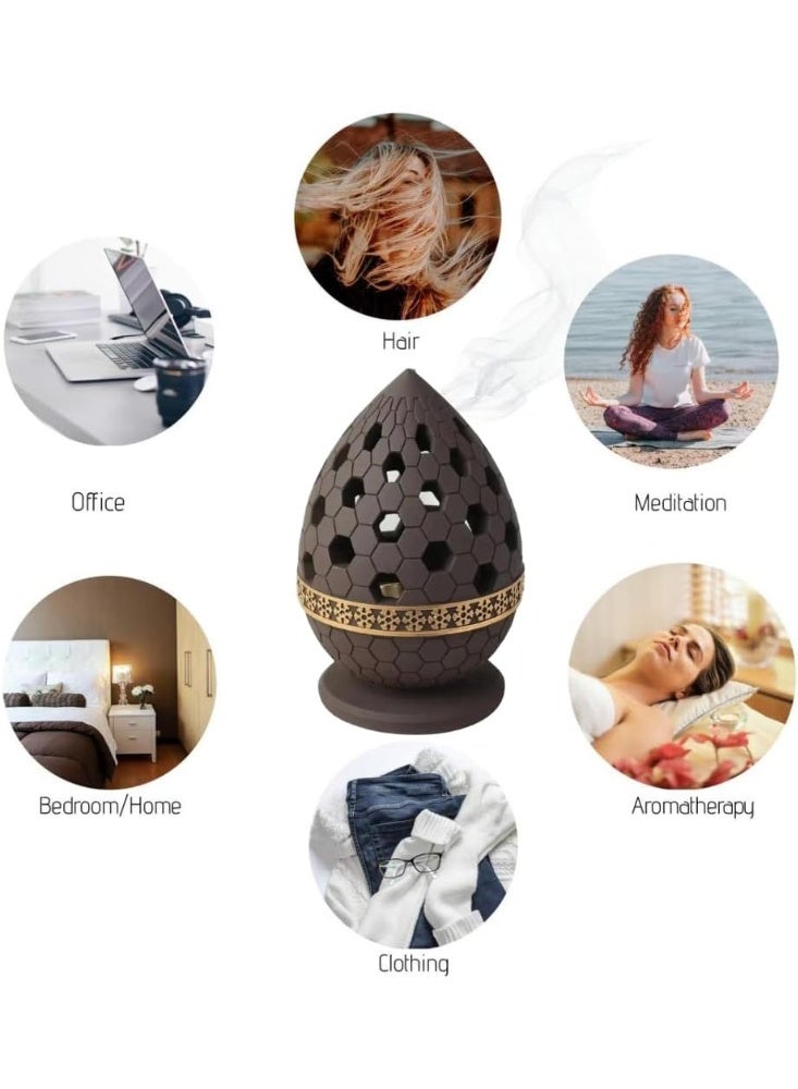 Daroge Ceramic Incense Burner - Golden Metal Tray Inside - Dome Style Oud Burn Stand Used for Indoor Air Purification/Home Decoration/Meditation - Chocolate - Image 2