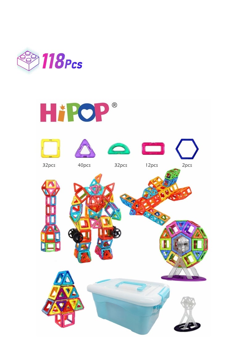 HIPOP - 118 Pieces Magnetic Blocks Set,with Storage Box,DIY Educational Toys - Image 1
