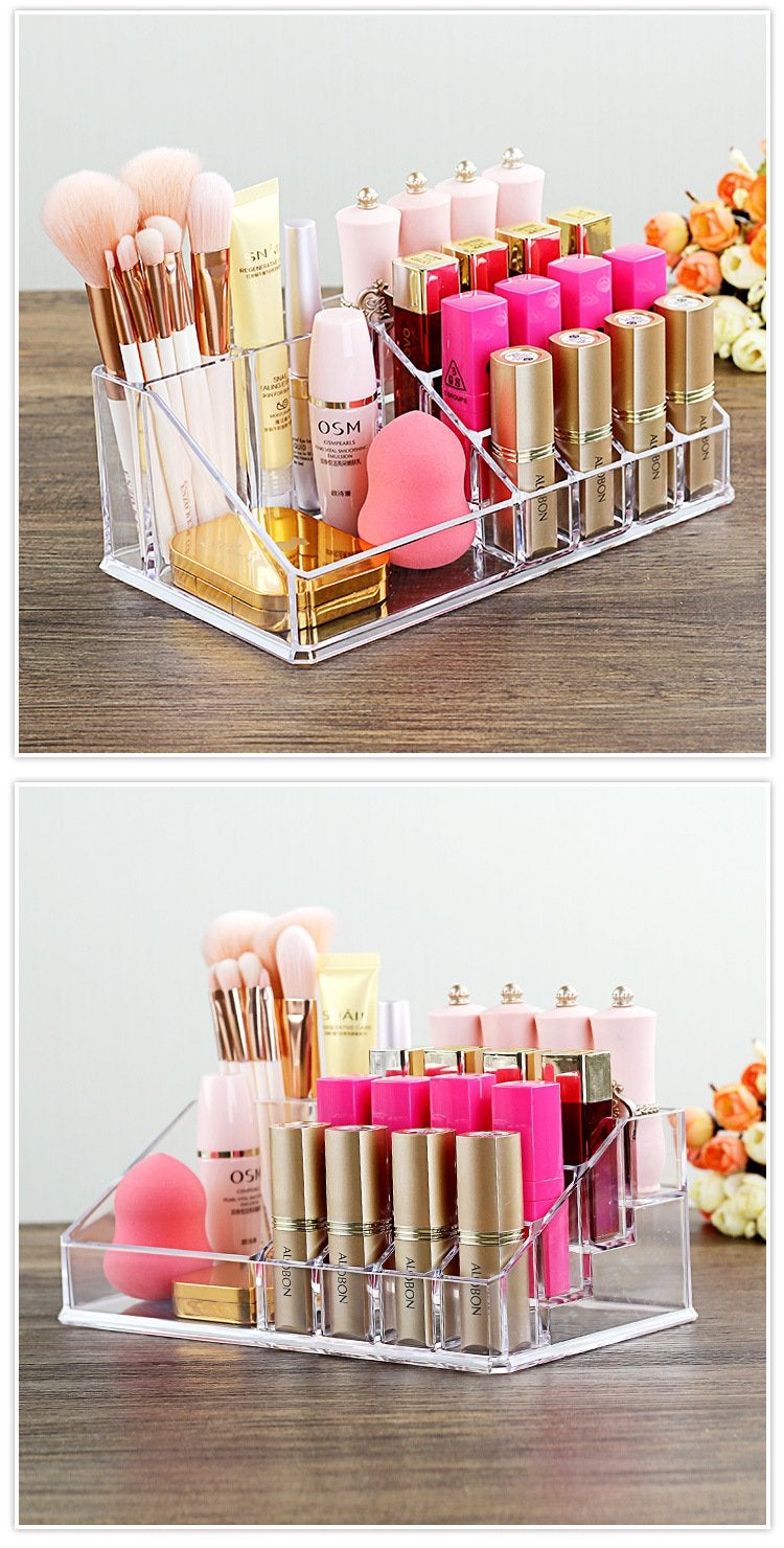 NYALKARAN Acrylic Cosmetic Organizer 16 Compartments for Makeup and Lipstick Storage - Sleek and Space-Saving Design, Cosmetics, Transparent - Image 2