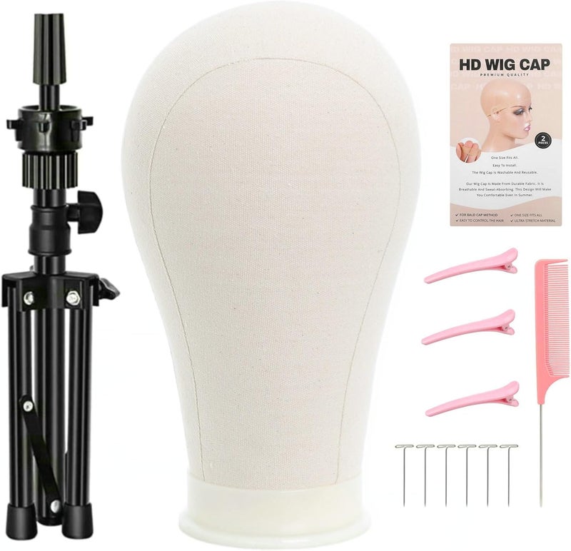 FUTAI 22 Inchs Wig Canvas Mannequin Head with Stand Tripod HD Wig Cap T Pins Hair Rat Tail Comb Hairpin for Hairdresser Professional Female Practice Making Styling Display Human Hair Wig