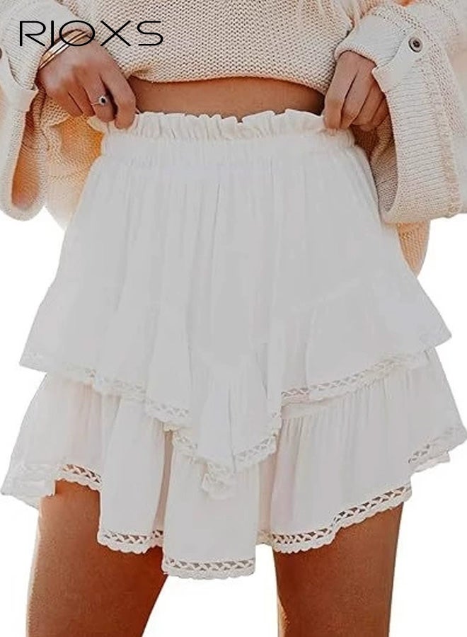 ريوكس تنانير قصيرة مزينة بكشكشة منسدلة للنساء، تنانير قصيرة بوهو كاجوال مرنة عالية الخصر مطوية ومتعددة الطبقات، تنانير كروشيه رياضية للجولف والتنس لقضاء العطلات والمواعدة - Image 1