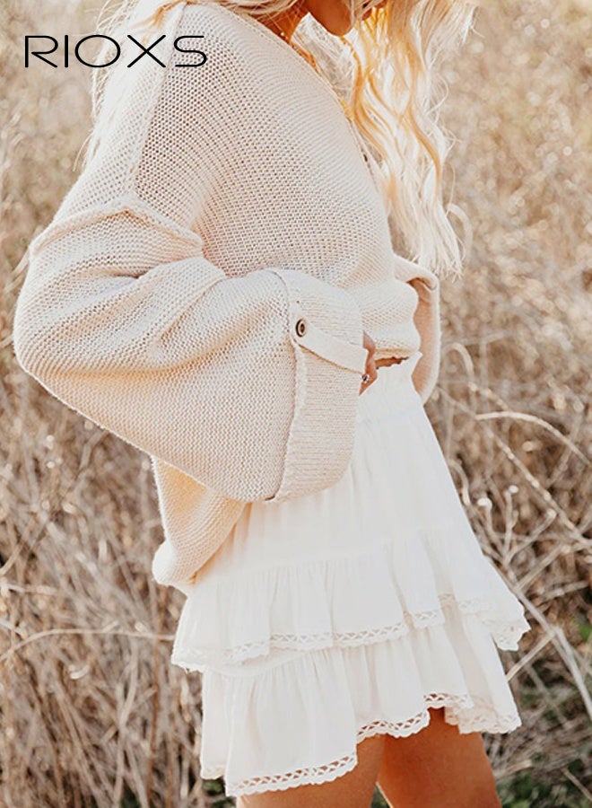 ريوكس تنانير قصيرة مزينة بكشكشة منسدلة للنساء، تنانير قصيرة بوهو كاجوال مرنة عالية الخصر مطوية ومتعددة الطبقات، تنانير كروشيه رياضية للجولف والتنس لقضاء العطلات والمواعدة - Image 2