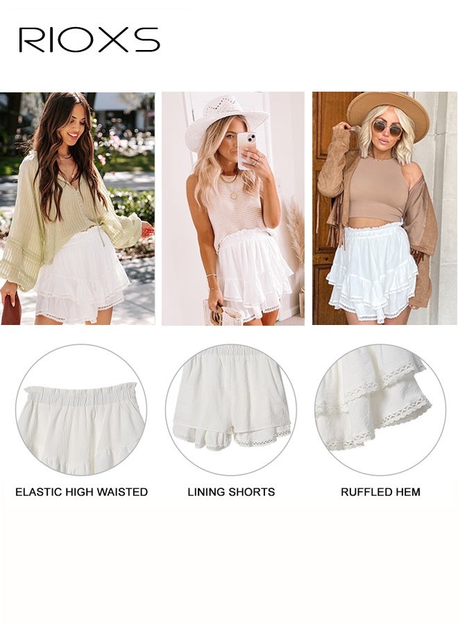 ريوكس تنانير قصيرة مزينة بكشكشة منسدلة للنساء، تنانير قصيرة بوهو كاجوال مرنة عالية الخصر مطوية ومتعددة الطبقات، تنانير كروشيه رياضية للجولف والتنس لقضاء العطلات والمواعدة - Image 5