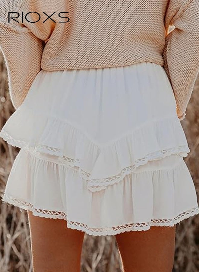 ريوكس تنانير قصيرة مزينة بكشكشة منسدلة للنساء، تنانير قصيرة بوهو كاجوال مرنة عالية الخصر مطوية ومتعددة الطبقات، تنانير كروشيه رياضية للجولف والتنس لقضاء العطلات والمواعدة - Image 3