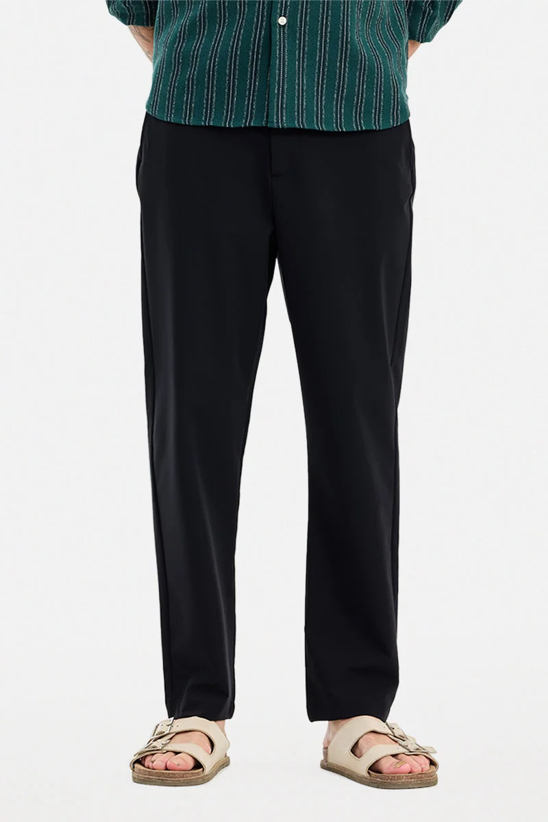 SNITCH Black Solid Relaxed Casual Trousers